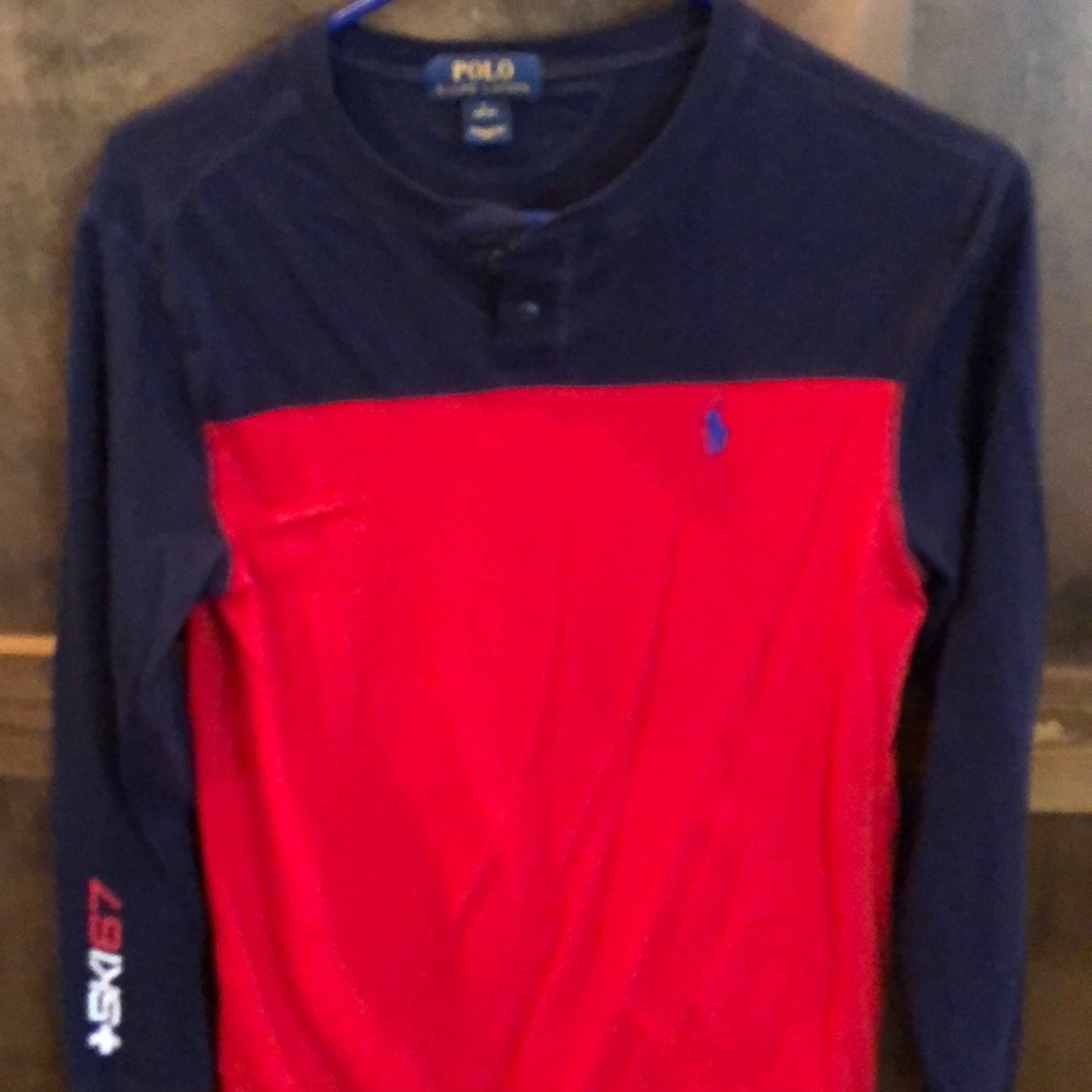 Boys Polo Long Sleeve T Red Blue Large 14 16